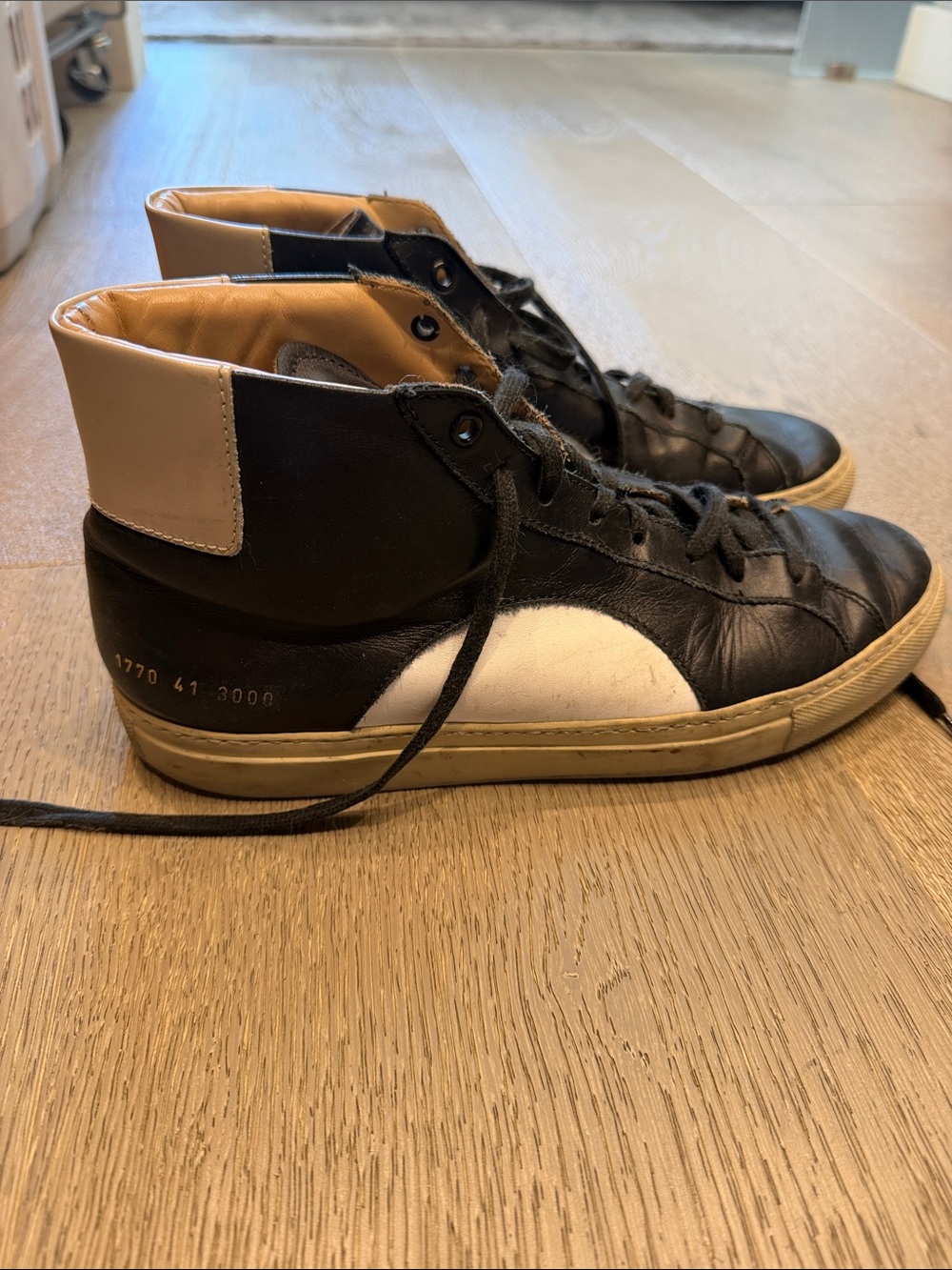 Tim Coppins x Common Projects Black and White High-Top Sneakers with Tan Collar
